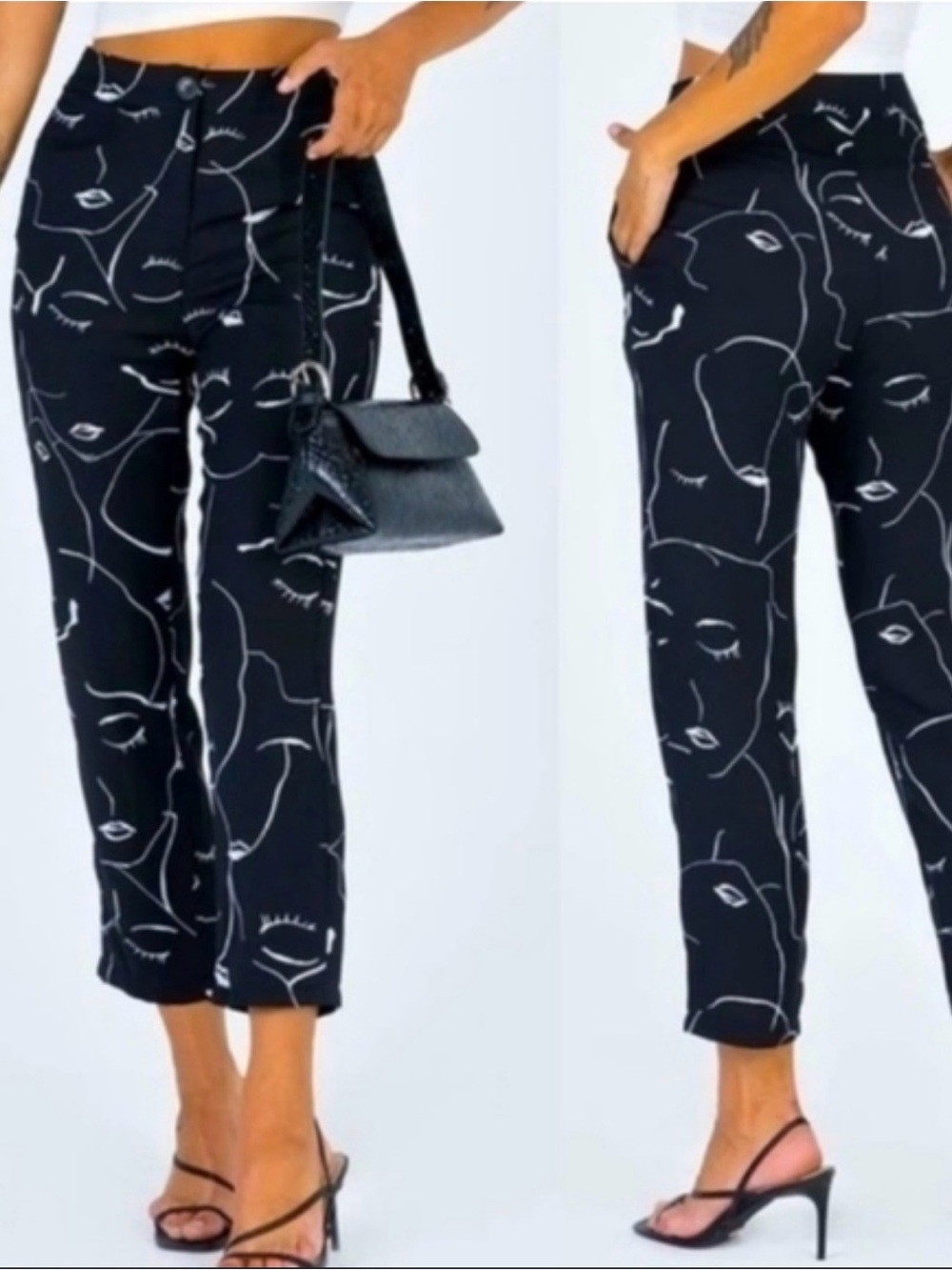 Princess Polly Black Straight-Leg Pants with White Abstract Face Print